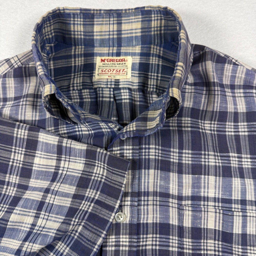 True Vintage 60s McGregor Million Mile Scotset Plaid Shirt Blue White ML 16 Mens